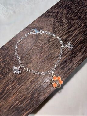 Handcrafted Adjustable Mixed Metal Bee Charm Bracelet with Orange Honeycomb